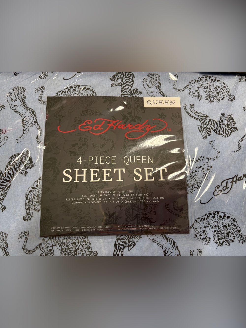 Ed Hardy Light Blue Tiger Print 4 piece Queen Sheet Set